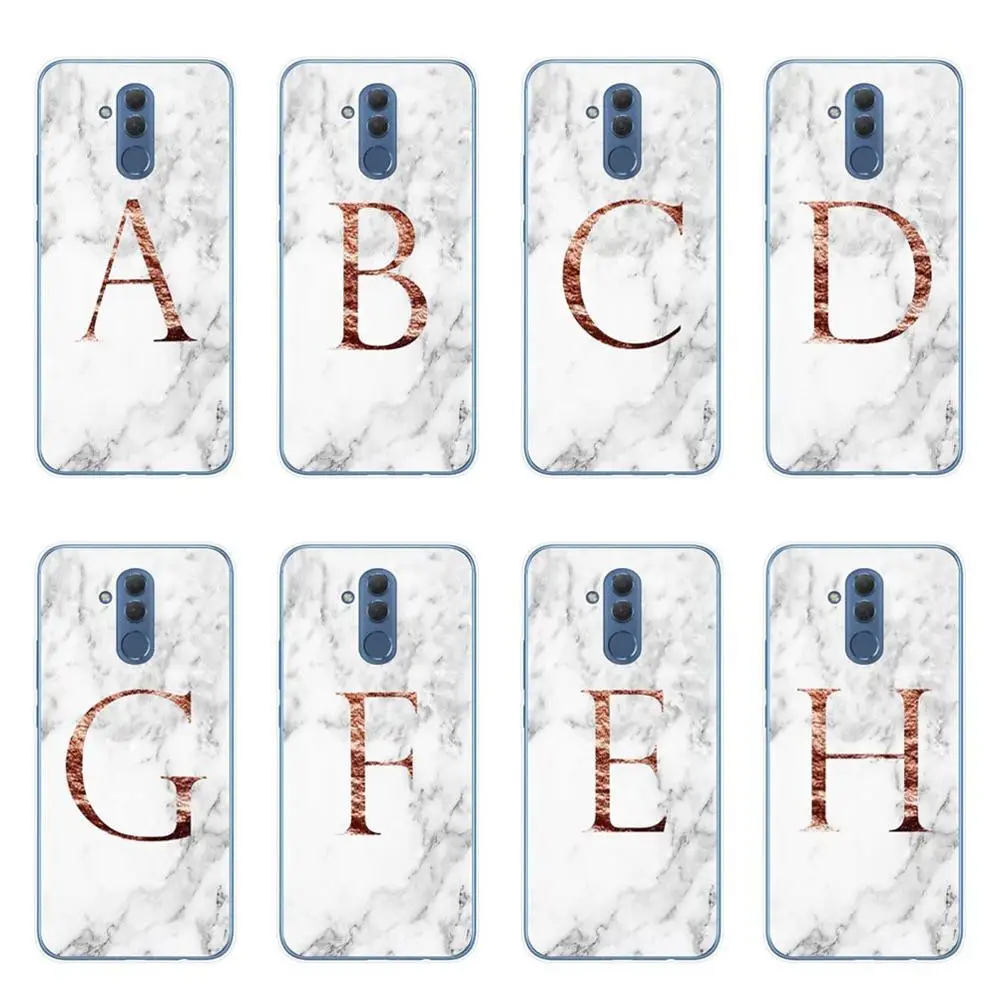 

Letter Monogram A B C D white marble Cases For Coque Huawei Mate 10 20 30 Lite Pro Y9 2019 Soft TPU Phone Bags Cover Capinha