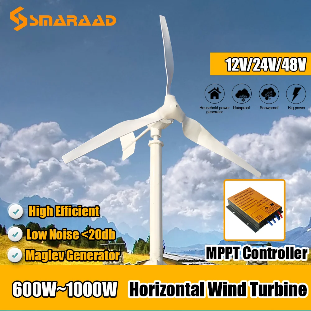 

600w 800w 1000w New Energy Wind Power Generator Three Phase AC 12v 24v 48v Wind Turbine with MPPT Wind Controller for Home use