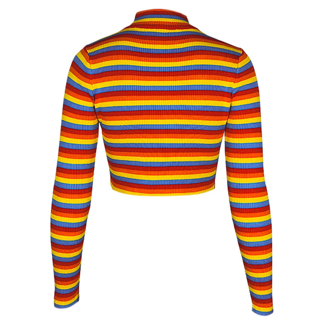 Woman Colorful Striped Blouse Plus Size Colorblock Shirt Split Long Sleeve Knit Blouse Blouse Retro Autumn Casual Tops 814