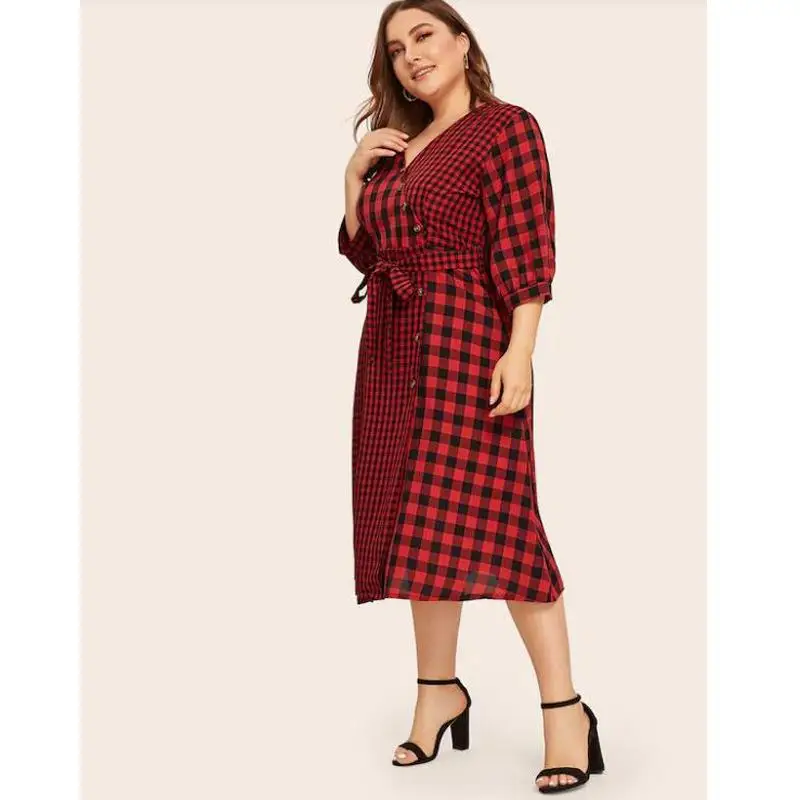 4xl размера плюс клетчатое платье-рубашка винтажное красное осенне-зимнее женское платье большого размера ТРАПЕЦИЕВИДНОЕ свободное офисное платье миди vestido femme