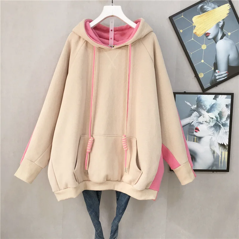 Autumn& Winter New Arrival Color Matching Sweatshirt Korean Loose Hooded Plus Velvet Thickening Sweatshirt Free Shipping