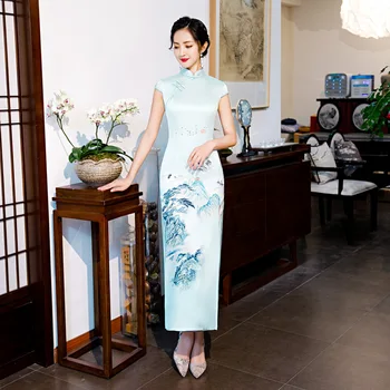 

New Short Sleeve Classic Women Cheongsam Elegant Long Sexy Qipao Summer Print Dress Mandarin Collar Plus Size 3XL 4XL