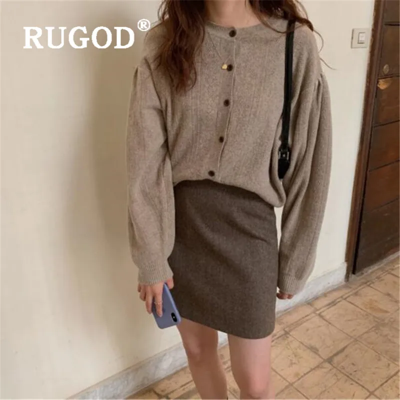RUGOD, корейский стиль, шикарный винтажный буф с рукавами, однотонный кардиган с круглым вырезом, однобортный простой свитер с вырезом