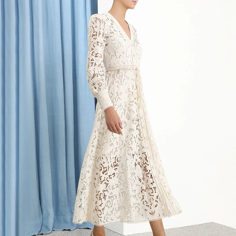 CAMIA ZIM midi dress Hollow out lace long sleeve high waist V-neck long dress dresses woman party night