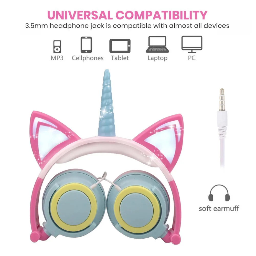 Wired Foldable Flashing Unicorns Kids Headphones With LED Light Earphone For Mobile Phone PC Computer Boys Girls Gaming Headset