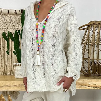 

Women's Solid Color Sweater Twist Knitted Sweater V-neck Hoodies Loose Coat Wild Casual Sweater 2020 large size