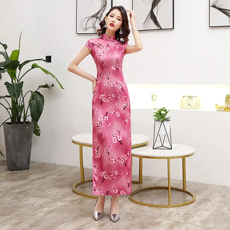 Улучшенная версия cheongsam платье для молодой девушки элегантный Новая мода сливы китайский стиль Ретро Подиум костюм длинная секция - Цвет: picture color