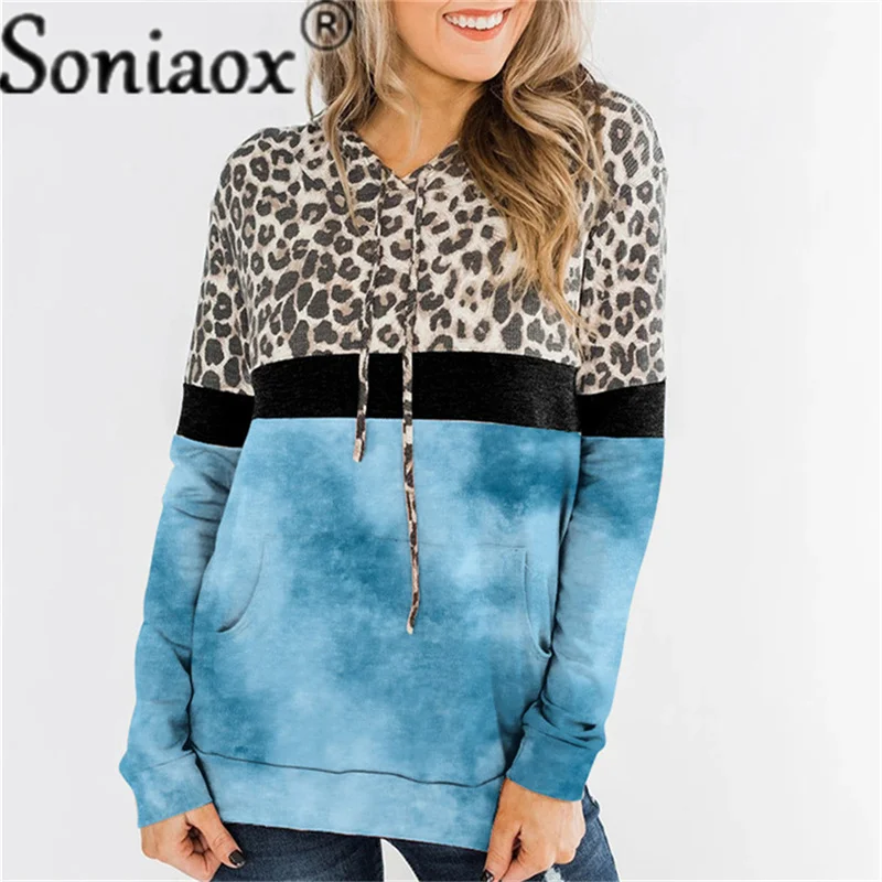 Color Block Leopard Splicing Pocket Hoodie Woman Hooded Sweatshirt Autumn Long Sleeve Tops Casual Patchwork Drawstring Hoodies
