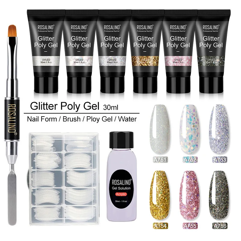 

ROSALIND DIY 6 pcs Glitter Poly Gel Solid Glue Nail Forms Brush Poly Gel top coat Set polish Shiny Gel for nail extension
