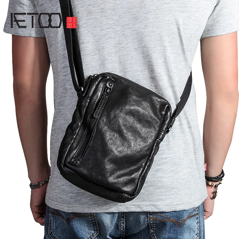 

BJYL Casual shoulder bag men's leather small bag retro youth vertical men's bag first layer leather Messenger bag tide