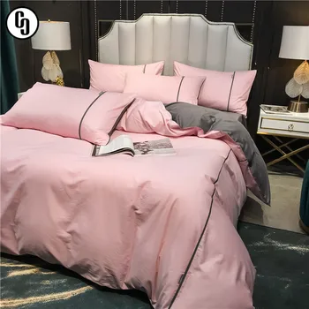 

GXC Women Noble Pink 100% Cotton Bedding Set High Quality Duvet Cover Flat Sheet Pillowcase Queen King Bed Linen Set