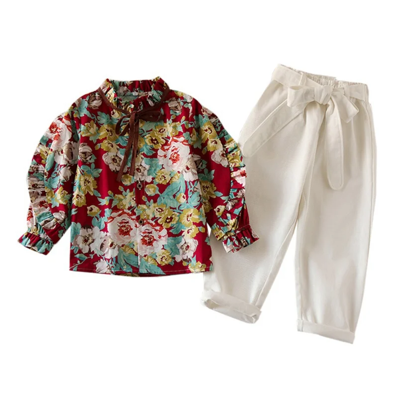 

2020 Kids Set Summer Lantern Sleeve Floral Print Blouse Top Wide Leg Pants Two Piece Set For Girls Clothes