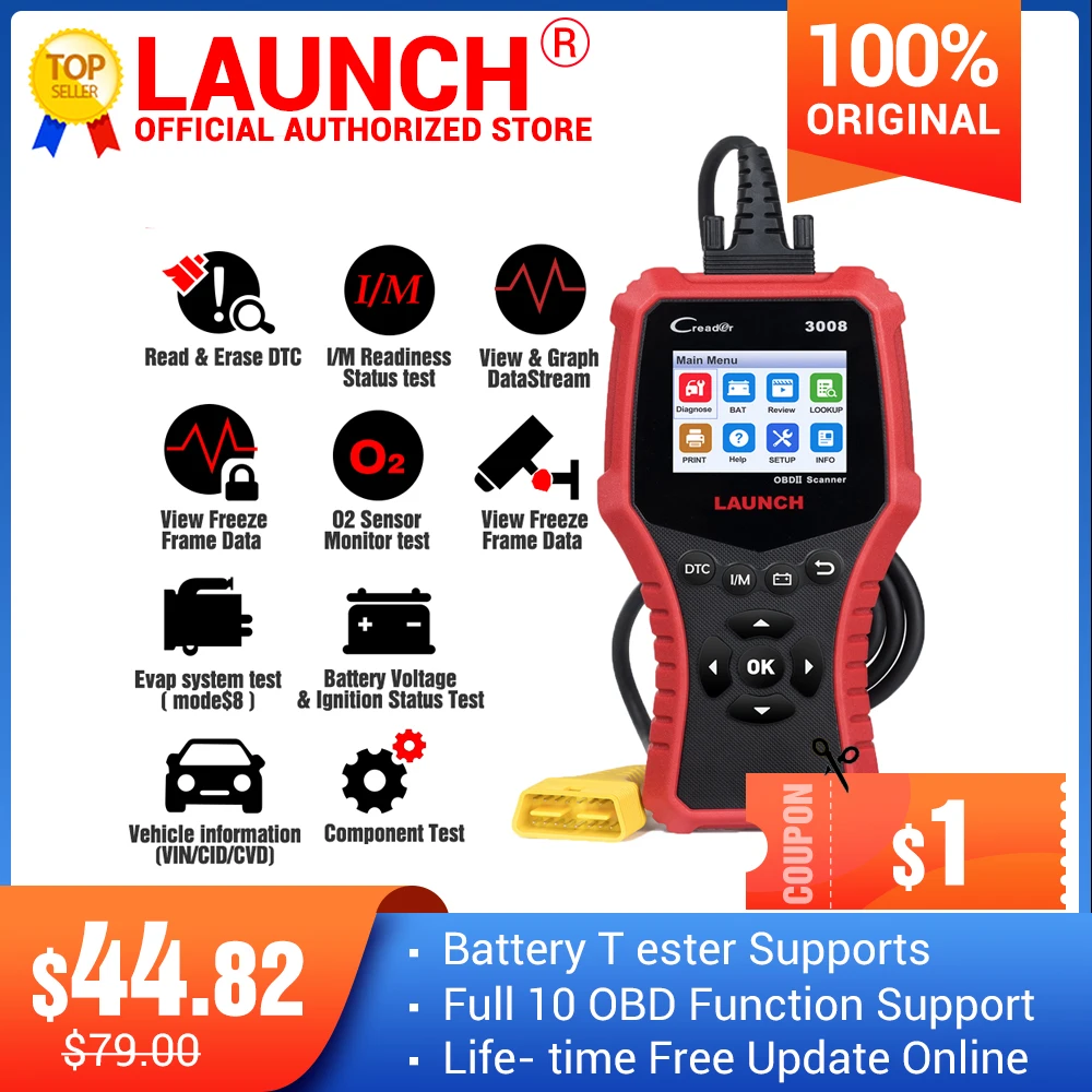 Считыватель кодов LAUNCH Creader 3008 OBDII сканер с поддержкой full obd2 + тестер батареи CR3008