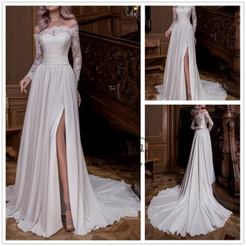 

Boat Neck Long Sleeves White Lace And Tulle Vestidos De Novia 2019 Front SplitIllusion Full Sleeves With Bows Lace Wedding Gowns