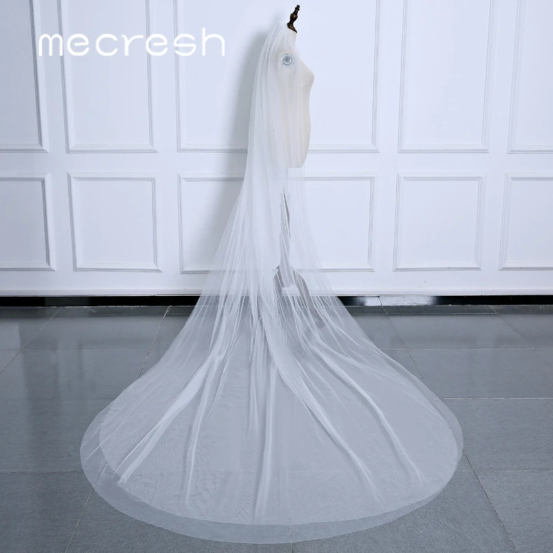 Mecresh 5M White Beige Long Bridal Veils for Women One Layer / Double Layer Cathedral Wedding Veils Accessories with Comb VTS014