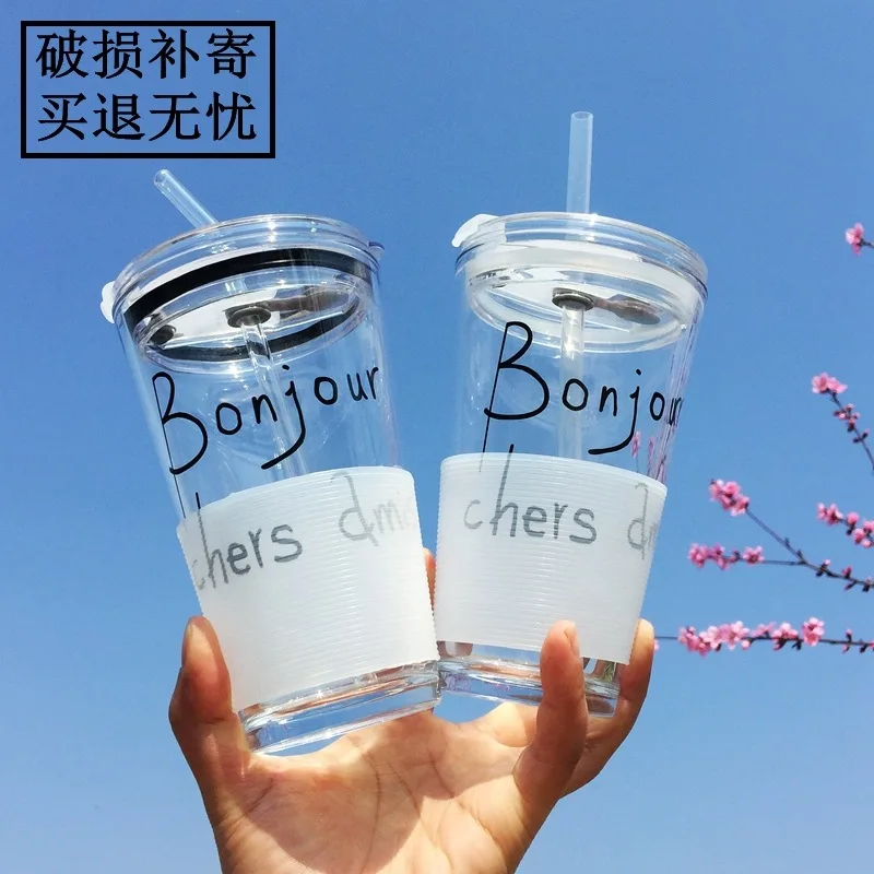 

Korean-style Creative Glass Cup Creative Network Red Cup with Straw GIRL'S Heart Glass Glass Bottle Baby Glass Goddess Straw