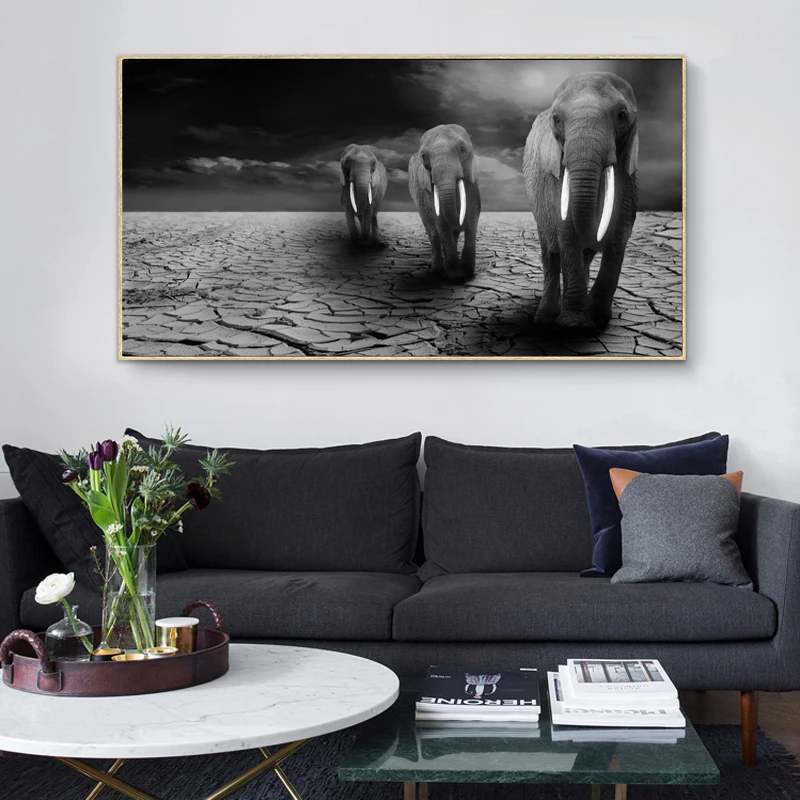 

Hungry Wild Elephants on Arid Land Posters and Prints on Canvas Wall Art Animal Pictures for Living Room Home Decor No Frame