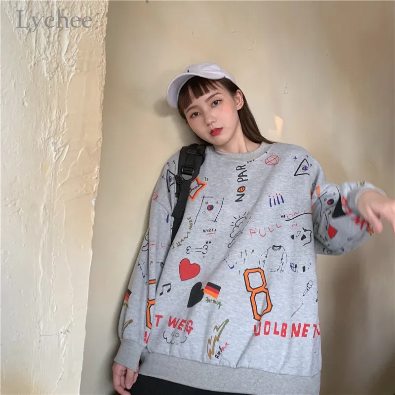 Lychee Harajuku повседневные осенние дамские свитшоты Топ свободный вырез лодочкой Женские флисовые пуловеры Топы граффити Женская флисовая толстовка