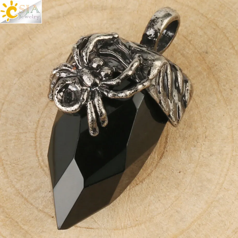 Black Onyx Csja конус граненый античный серебряный цвет Медальон натуральный камень розовый кристалл Lapis паук для женщин и мужчин цепочки, Винтажные Украшения G160 - Окраска металла: Black Onyx