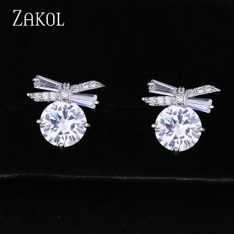 White ZAKOL романтические серьги-гвоздики с круглой бабочкой из кубического циркония для женщин, подарок на свадьбу, вечеринку, день рождения, ювелирные изделия FWEL856 - Окраска металла: White