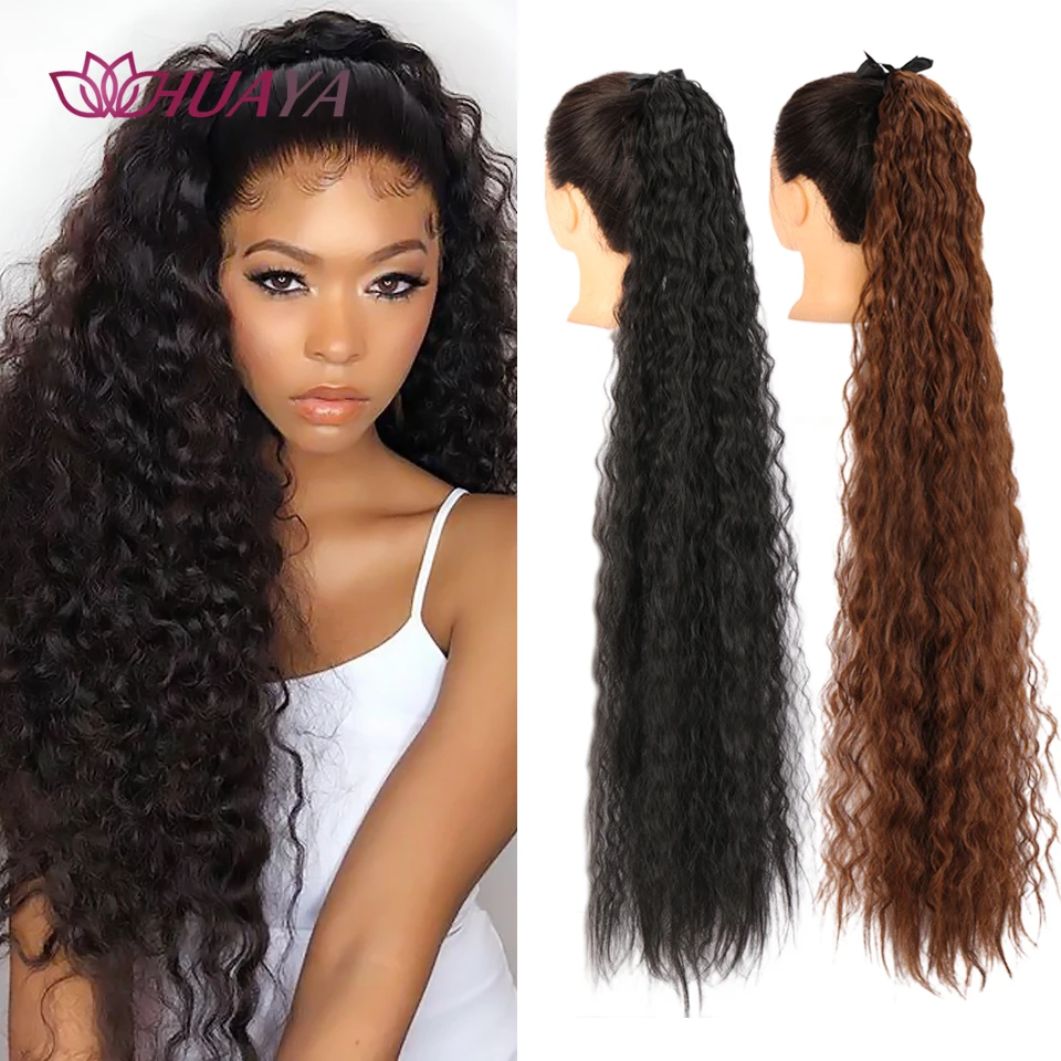 

HUAYA32inch Wavy Curly Ponytail Hairpiece Synthetic Hair Tail Clip Long Ponytail Hair Extensions Black Women Hair Heat Resistant