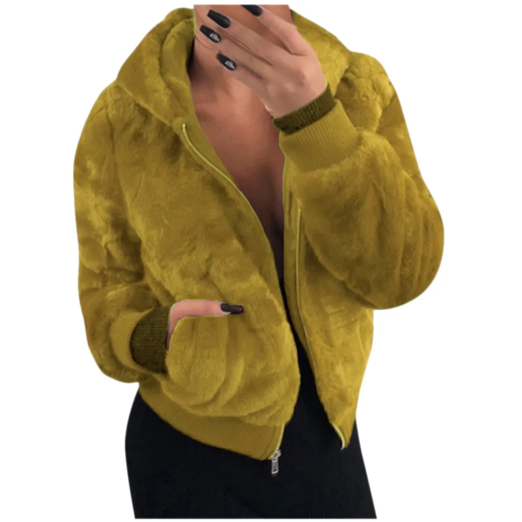 Женская Повседневная куртка, зимняя теплая верхняя одежда, Дамское пальто, пальто, верхняя одежда, плюшевые пальто с длинным рукавом, на молнии, с карманами, плюшевая куртка, Топ - Цвет: Yellow