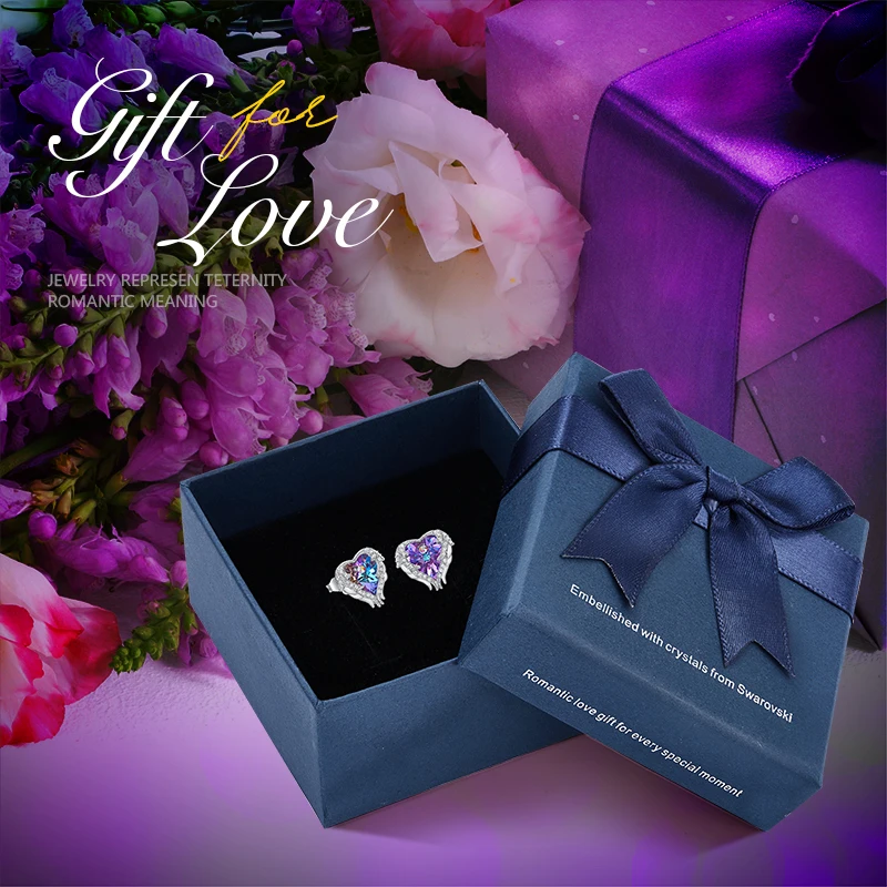 Purple plus box CDE 925 пробы серебряные серьги, украшенные кристаллами, женские серьги в форме сердца, серьги с голубым углом, ювелирные изделия для ушей - Цвет камня: Purple plus box