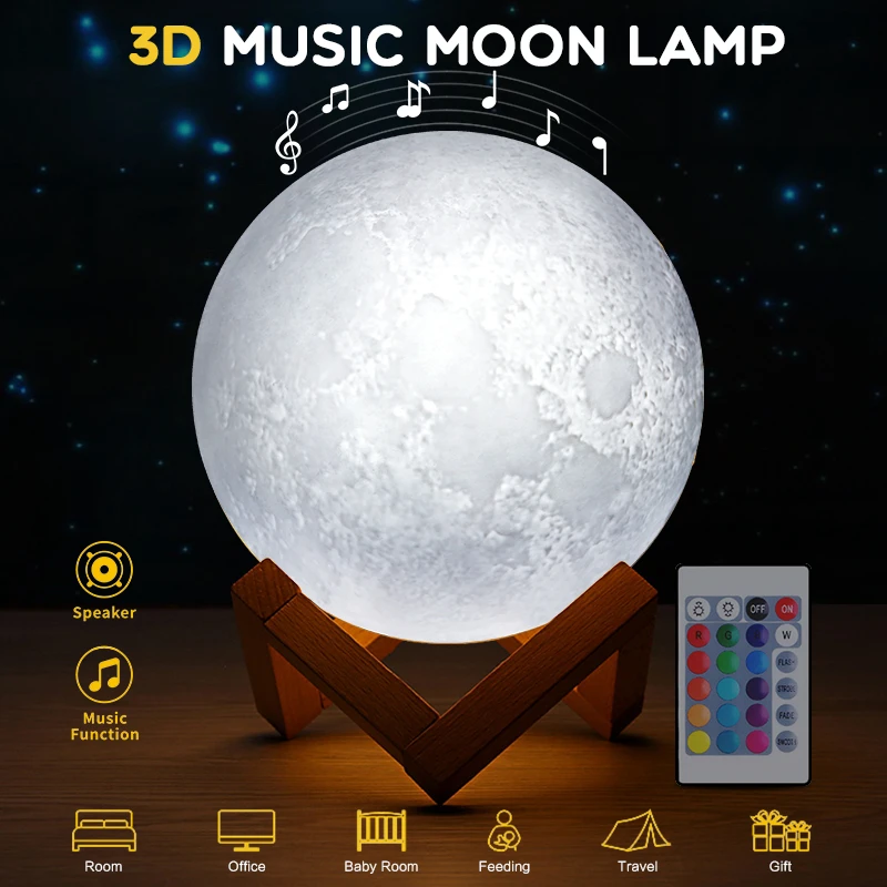 3d print colorful bluetooth msuic moon lamp rechargeable night light for moon light with 3colors 16colors remote decor gift