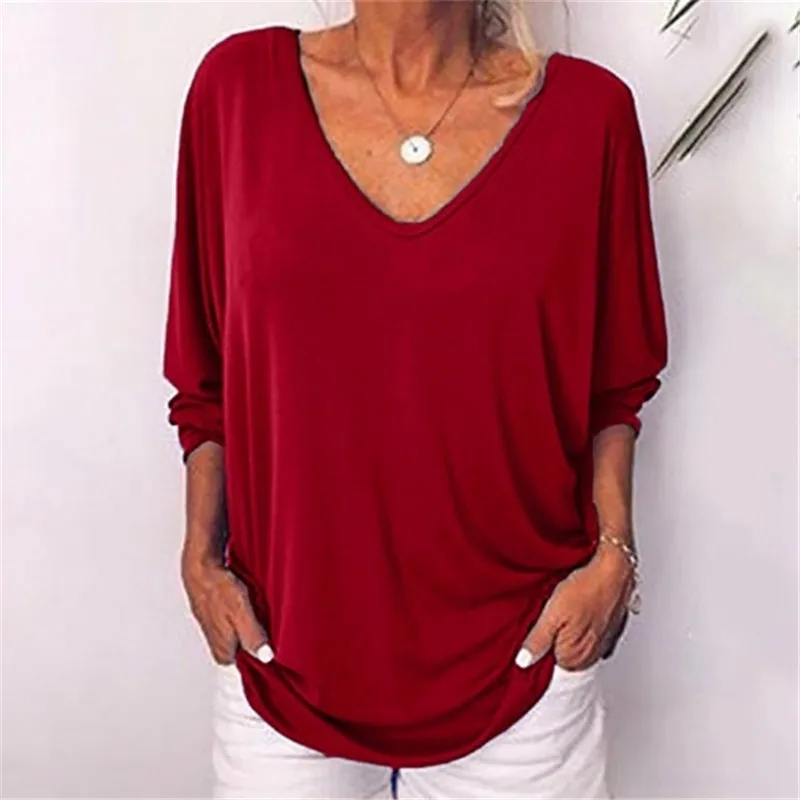 wine red Taniafa/осенне-зимняя модная женская футболка с длинными рукавами большого размера, свободная рубашка с пуговицами, Женские однотонные хлопковые топы - Цвет: wine red