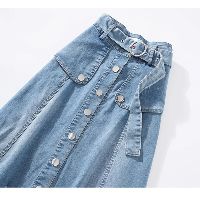 Новинка, женская джинсовая юбка с дырками и поясом, Ретро стиль, высокая талия, а-силуэт, джинсы размера плюс, модная нижняя часть