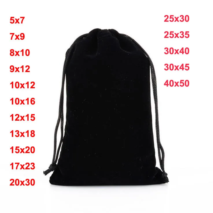 50 Pcs/lot Big Black Velvet Bags Drawstring Gift Pouches For Jewelry Wedding Party Storage Packing Bag Custom Logo Print