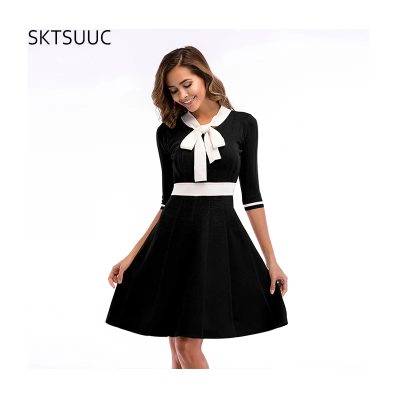 

SKTSUUC 2019 Women Knitted Dress White Collar With Bow Half Sleeve Office Dresses For Ladies Autumn Women Knitted Dress