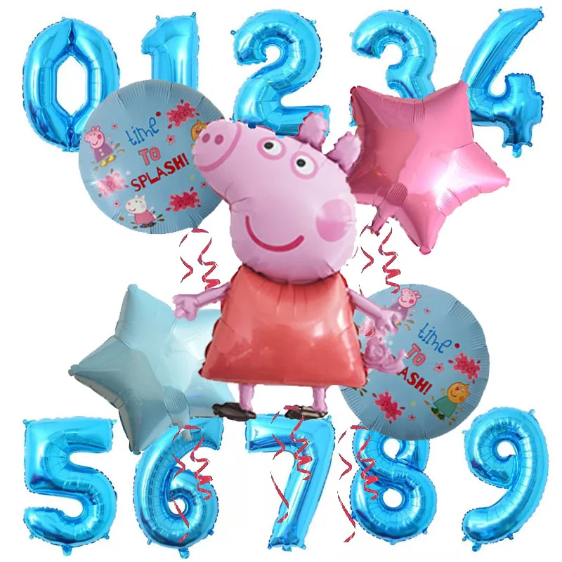 6pcs 6 шт. фольгированные шары с рисунком Свинки Пеппы 32 дюйма синий 0-9 для маленьких мальчиков и девочек гелиевые шары с днем рождения украшения для комнаты детские игрушки - Цвет: 6pcs