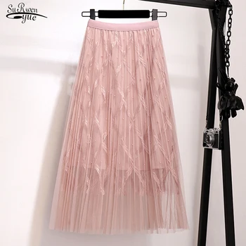 

2020 Spring Korean Women Mesh Long Skirt Summer A Line Bead Elastic High Waist Ladies Plaid Tulle Midi Pleated Skirt Faldas 9584