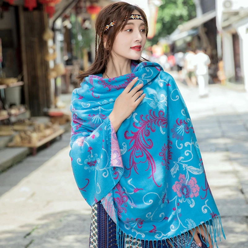 Oversize 140*140cm Floral Printing Square Blankets Russian Women Wedding Scarf Retro Style Cashmere