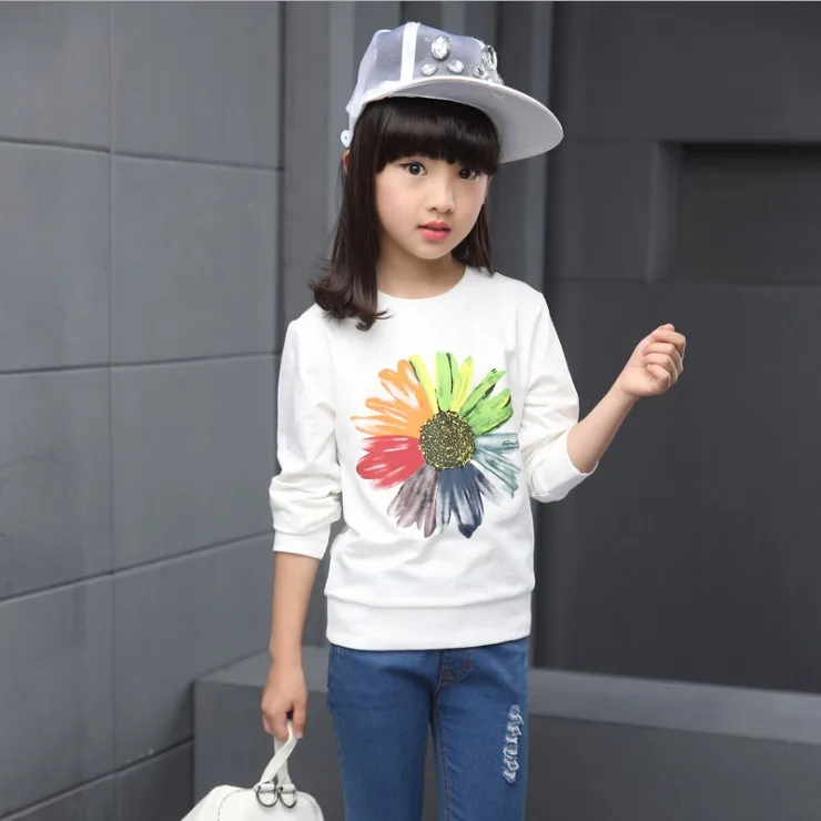 Hot Sale Girls Clothes Spring And Autumn T-shirt Floral Printed Cotton Fleece Children's Wear Long Sleeve For 3-15 Years Old - Color: White