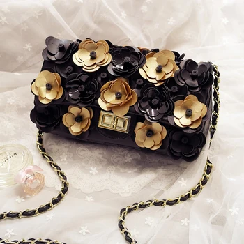 

Fashion Women Flower Handbag Gold Black Artificial Flower Studded Crossbody Shoulder Bag Shining Evening Clutch Purse PU Leather