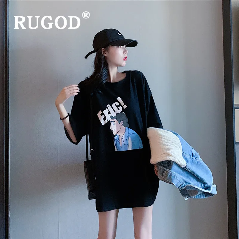 RUGOD, Забавный принт, длинная футболка, женская, модная, с буквенным принтом, с круглым вырезом, короткий рукав, негабаритная, футболка, harajuku, Корейская, повседневная, свободная, для девушек, топы