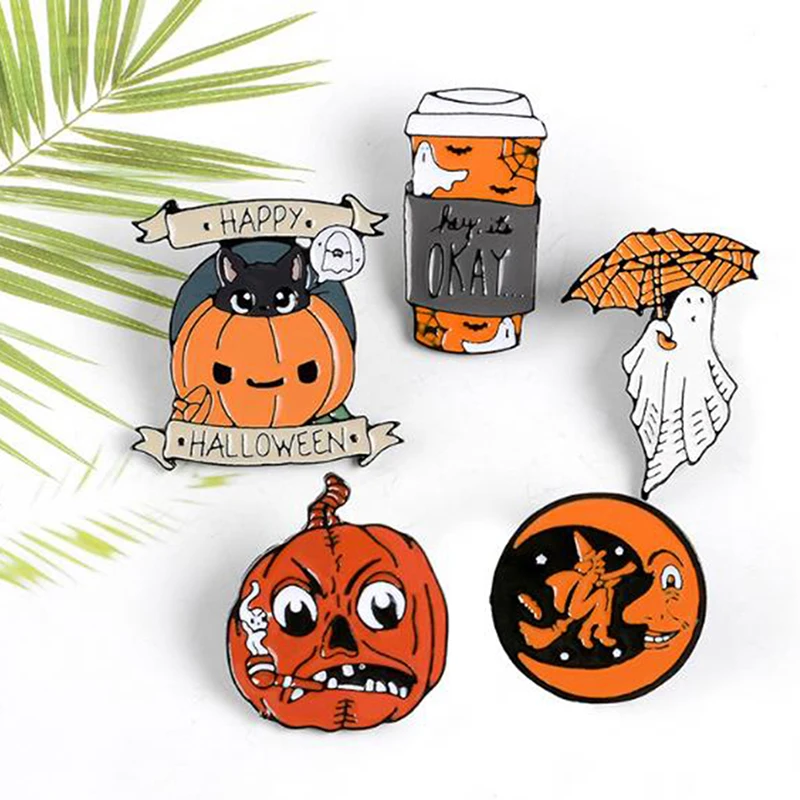 Halloween Enamel Pin Coffee Moon Ghost Pumpkin Umbrella Brooches Backpack Clothes Lapel Gift | Украшения и аксессуары