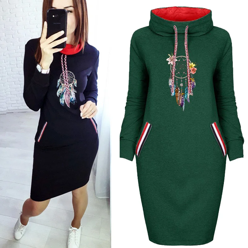 

Long Sleeve Dress Women Elegant Flower Feather Dreamcatcher Print Dresses Party Harajuku Woman Autumn Casual Vintage Clothing