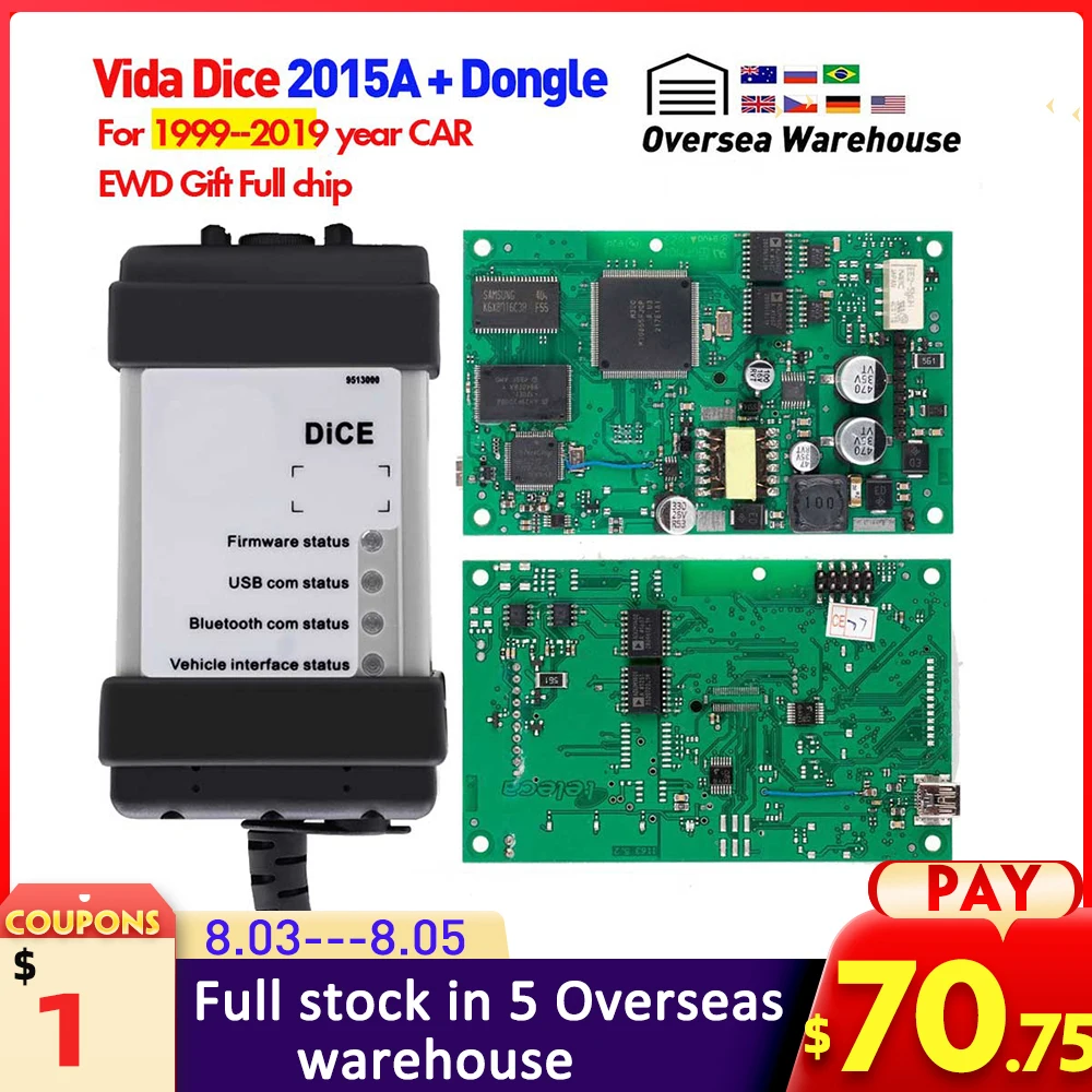 Vida Dice 2015A + Dongle For Volvo Car from 1999-2019 diagnostic Tool Vida Dice Full Chip Green Board OBD2 Car Scanner For volvo