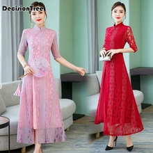 Винтажное повседневное Ретро cheongsam ao dai женское вьетнамское платье с вырезами, кружевное платье с воротником-стойкой, китайское платье в восточном стиле