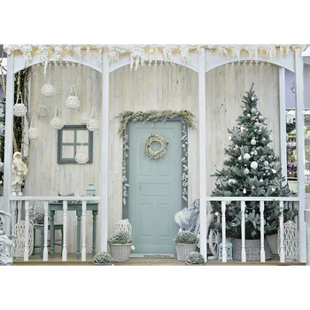 

Christmas Photography Backdrop Xmas tree wood door wearth Children Birthday Newborn Baby Shower Photo Background Studio Props