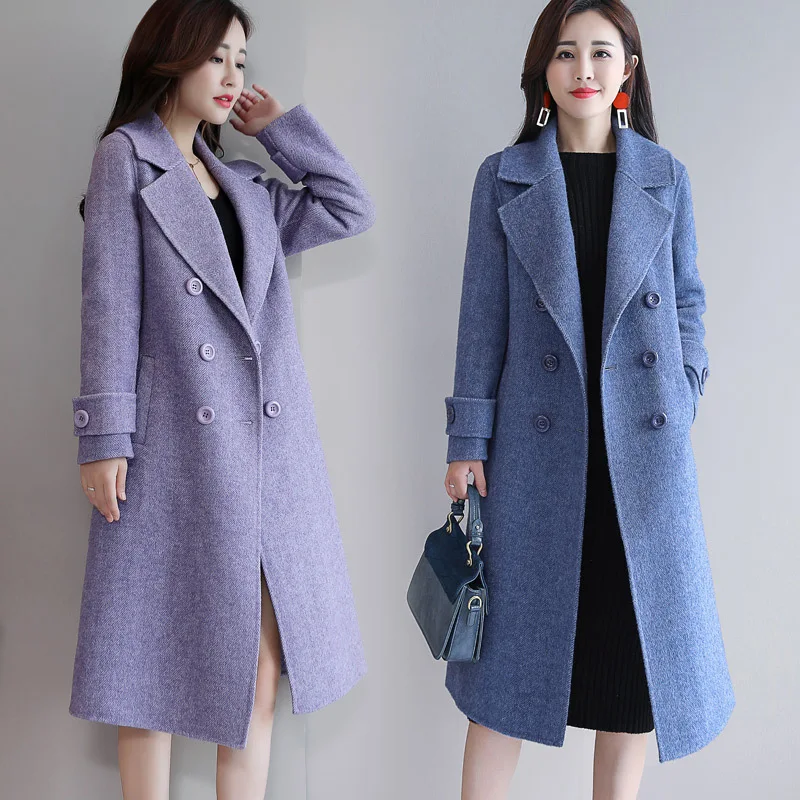 

Winter Double Breasted Woolen Coat Woman Office Ladies Long Trench Wool Blends Female Windbreaker Lapel Collar Outerwear Coats