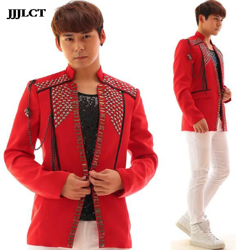 

Performance Costume Star Concert with Red Jacket Acrylic Pearl Diamond Costume