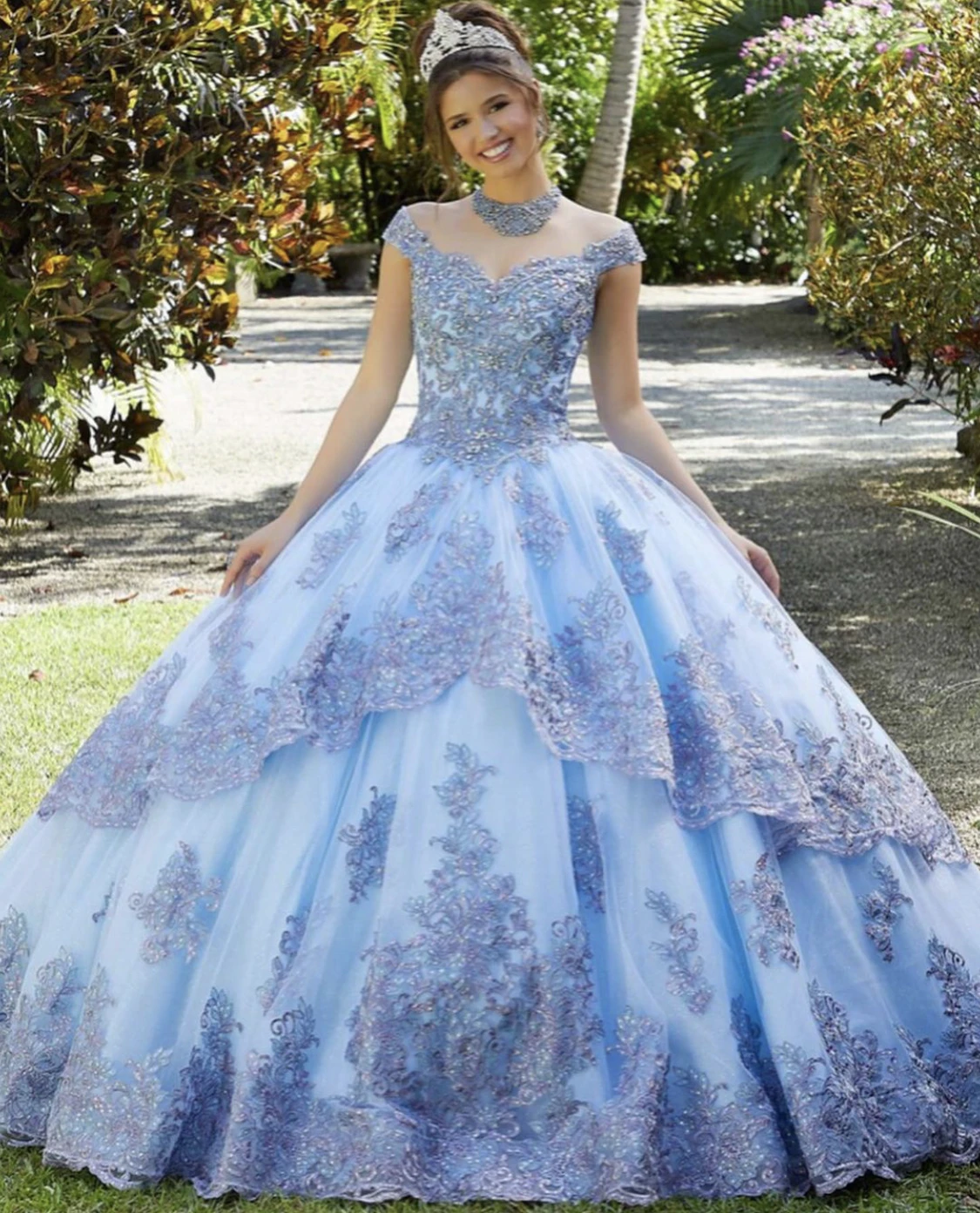 Princess Blue Lace Quinceanera Dresses 2022 For 15 Year Girl Ball Gown Tulle Short Cap Sleeve