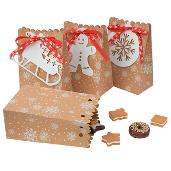 

12Pcs Christmas Kraft Paper Box with Ribbon Tag Snowman Snowflake Bells Decor Candy Cookie Bag Handmade Gift Packaging Supplies