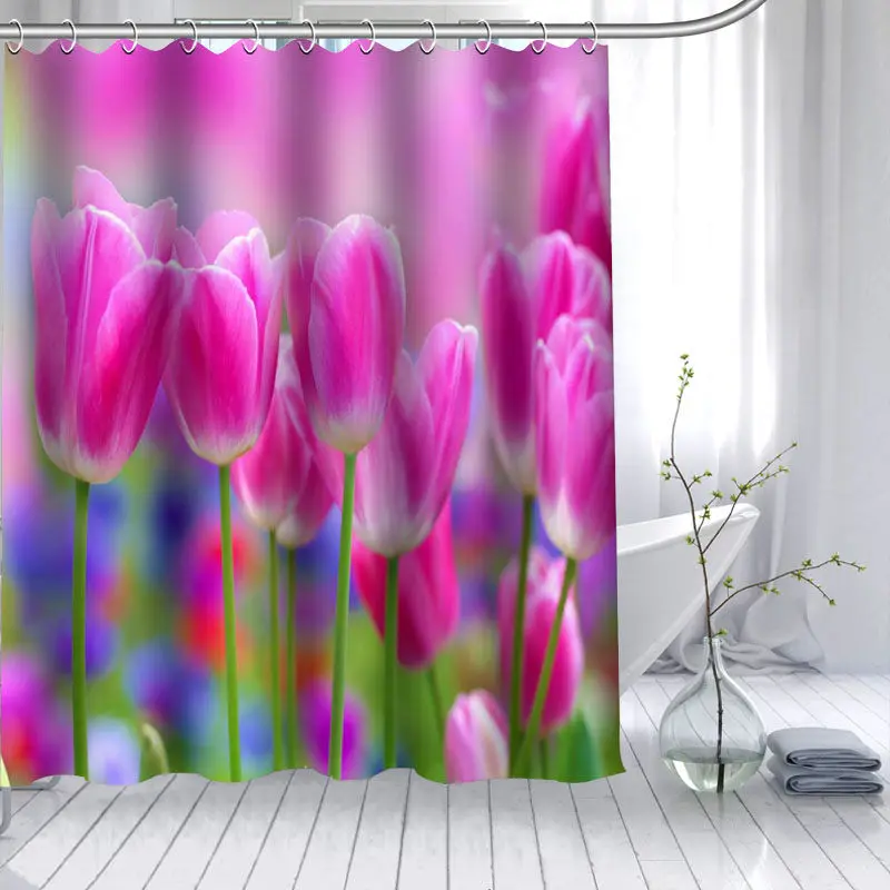 New Arrival Tulips Flower Shower Curtain Polyester Fabric High Defintion Print Bathroom Curtain Waterproof 12 Hook Bath Curtain - Color: 9