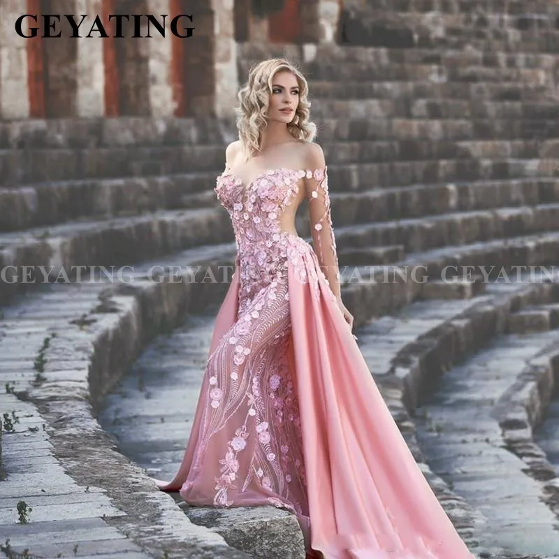 Арабский с открытыми плечами 3D цветок розовый Русалка вечернее платье со съемным шлейфом с длинным рукавом для женщин Формальные платья для особых случаев