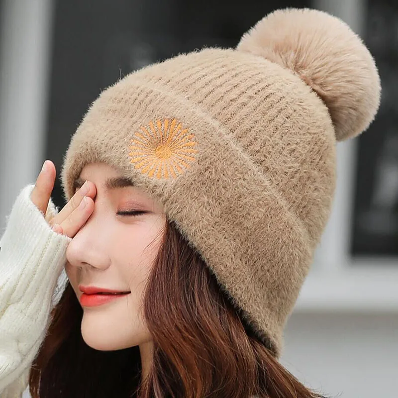 Шапка бини женская зимняя Осенняя мягкая шапка Skullies Beanies шапка с вышивкой вязаные кроличьи волосы модные женские шлепки теплые шапки